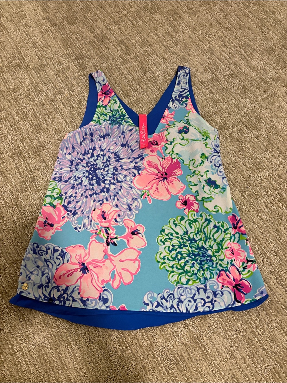 Lilly Pulitzer Girls Blue Floral Tank with Pink & Green Print- Reversible